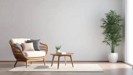 Interior of a bright living room with armchair on empty white wall background