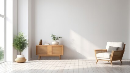 Interior of a bright living room with armchair on empty white wall background