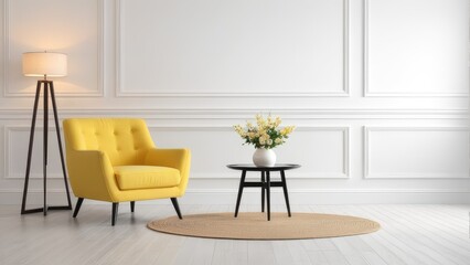 Interior of a bright living room with armchair on empty white wall background