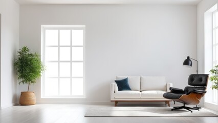 Interior of a bright living room with armchair on empty white wall background