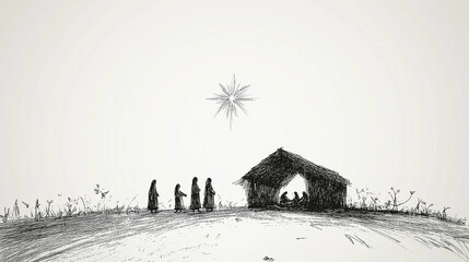 Reflection on the wall of christmas creche with Joseph Mary and small Jesus in a crib.