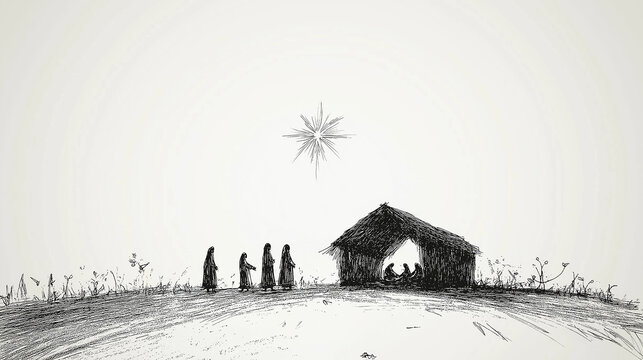 Reflection on the wall of christmas creche with Joseph Mary and small Jesus in a crib.