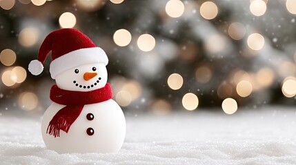 Obraz premium A cute snowman with a red hat and scarf smiles in a snowy landscape, surrounded by glimmering bokeh lights and softly falling snowflakes