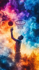A basketball player is jumping in the air with a basketball