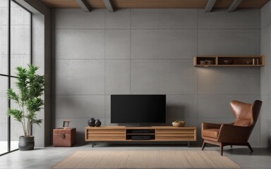 Living room interior have cabinet for tv and leather armchair in cement room with concrete wall