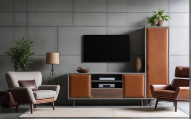 Living room interior have cabinet for tv and leather armchair in cement room with concrete wall