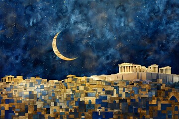 A serene night scene depicting ancient architecture under a starry sky with a crescent moon.