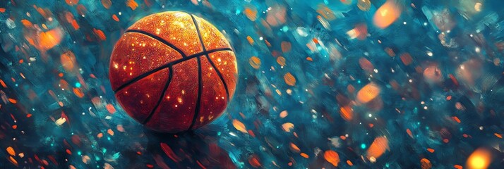 A basketball is sitting on a blue background with a lot of sparkles