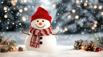 Fototapeta premium A cute snowman with a red hat and scarf smiles in a snowy landscape, surrounded by glimmering bokeh lights and softly falling snowflakes