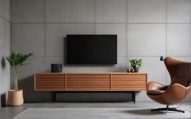 Living room interior have cabinet for tv and leather armchair in cement room with concrete wall
