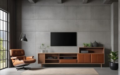 Living room interior have cabinet for tv and leather armchair in cement room with concrete wall