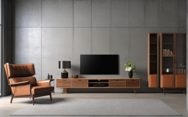 Living room interior have cabinet for tv and leather armchair in cement room with concrete wall