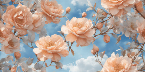 Peach flowers in a dreamy blue sky background
