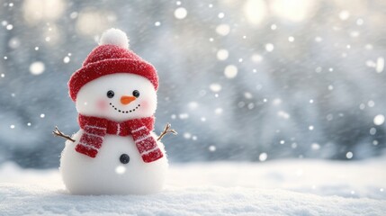 A cute snowman with a red hat and scarf smiles in a snowy landscape, surrounded by glimmering bokeh lights and softly falling snowflakes