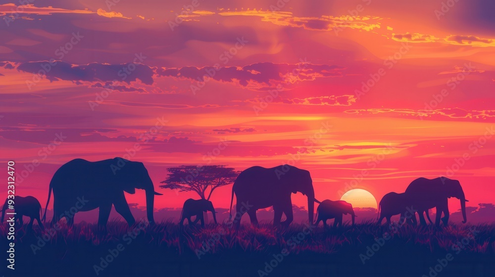 Poster a group of elephants strolls across the savanna as a colorful sunset illuminates the sky, creating a
