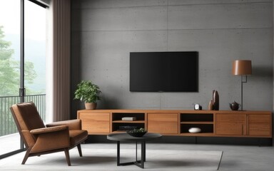 Living room interior have cabinet for tv and leather armchair in cement room with concrete wall