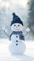 Obraz premium A cute snowman with a red hat and scarf smiles in a snowy landscape, surrounded by glimmering bokeh lights and softly falling snowflakes