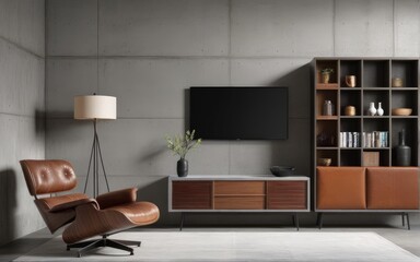 Living room interior have cabinet for tv and leather armchair in cement room with concrete wall