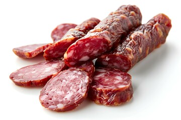 A pile of sliced sausage sitting on top of a white surface