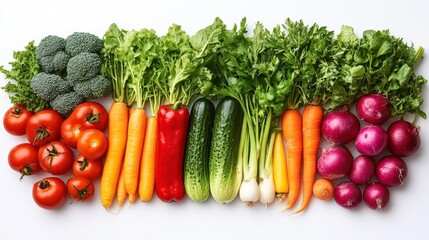 vibrant array of fresh vegetables artfully arranged on crisp white background emphasizing varied colors textures and shapes in a clean minimalist composition