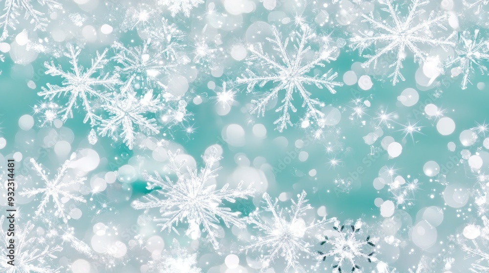 Poster white snowflakes on a plain white or blue background, highlighting their unique symmetrical patterns