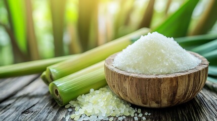 Sugarcane and White Sugar in a Wooden Bowl