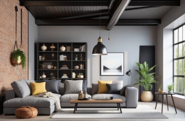 Loft style house with sofa and accessories in the room