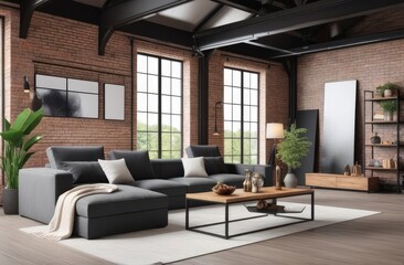 Loft style house with sofa and accessories in the room