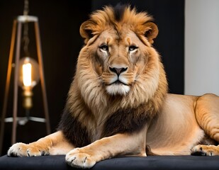 Obraz premium Majestic lion resting gracefully on a black surface indoors