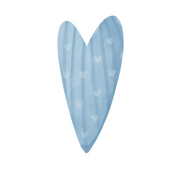 Cute blue heart with ornament for romantic cards and valentines. Watercolor heart texture, isolated on transparent background, PNG.