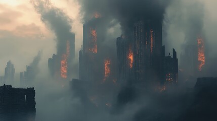 Obraz premium A ruined cityscape engulfed in flames and smoke, with towering buildings partially destroyed and engulfed in fire, creating a sense of apocalyptic devastation.