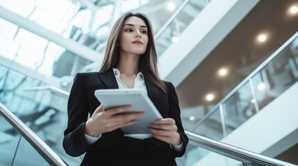Professional businesswoman analyzing data on digital tablet in contemporary corporate environment, focused and contemplative
