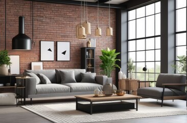 Loft style house with sofa and accessories in the room