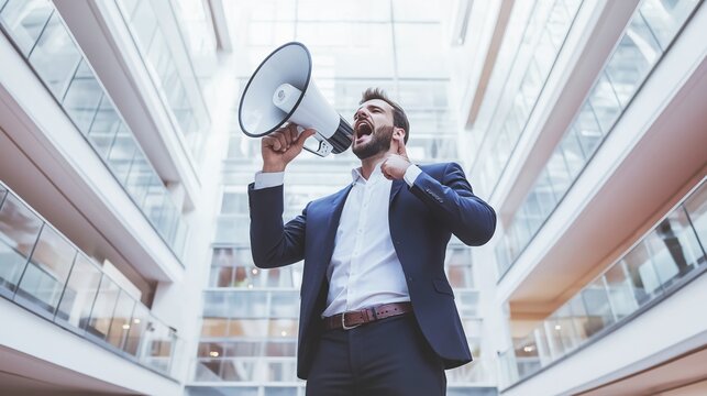 Confident businessman in elegant suit using megaphone in modern office atrium with glass walls and polished tiled floor.