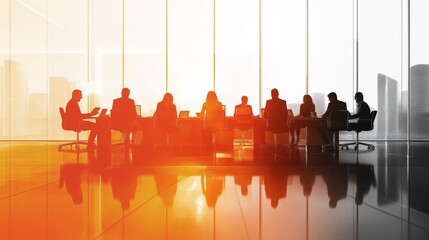 Obraz premium Business team in a modern office meeting, colleagues discussing work at a big table. Corporate business concept with warm light through the window.