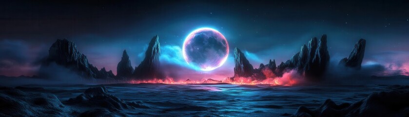 Alien landscape with bioluminescent flora and surreal rock formations, Fantasy, 3D Render, Night