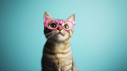 Obraz premium Playful Tabby Cat with Big Green Eyes Wearing Adorable Pink Glasses Looking Up Curiously on Vibrant Blue Background, Showing Endearing Expression