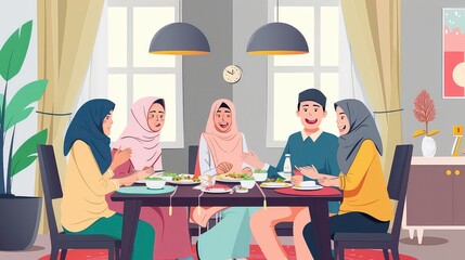 Fototapeta premium A family of four sitting around a table in a brightly lit dining room, enjoying a meal together. They are all smiling and seem to be having a pleasant time.