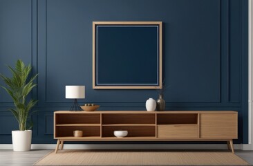 Mockup frame on cabinet in living room interior on empty dark blue wall background