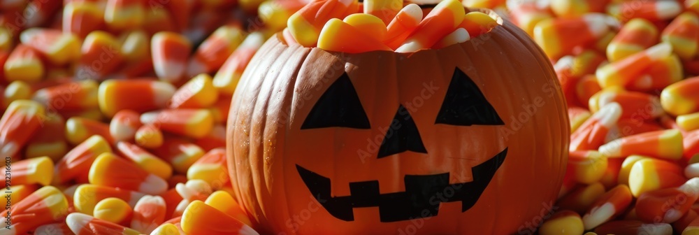 Poster Pumpkin decorated with candy corn for Halloween.