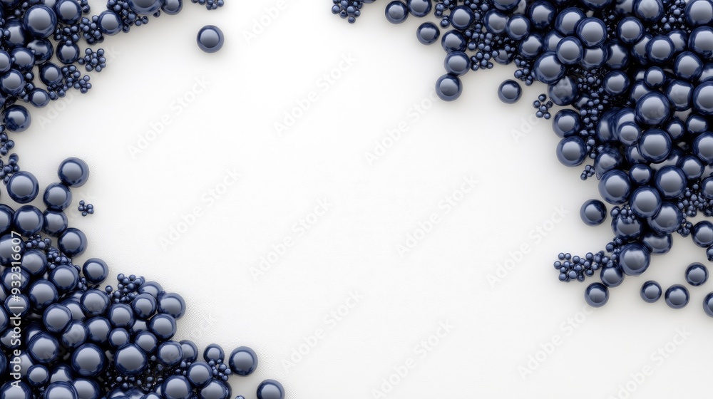 Poster a minimalist design showcases dark purple and blue spheres along the edges of a white background, pr