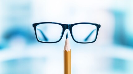 Stylish black eyeglasses resting on a vibrant yellow pencil against a soft blurred blue background for a contemporary and fashionable aesthetic