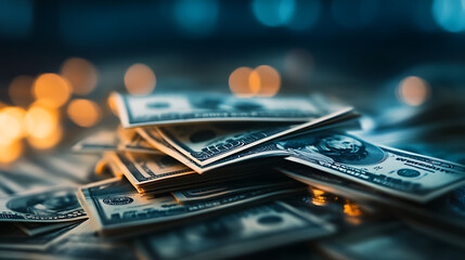 A stack of US dollar bills with a blurred background of bokeh lights.