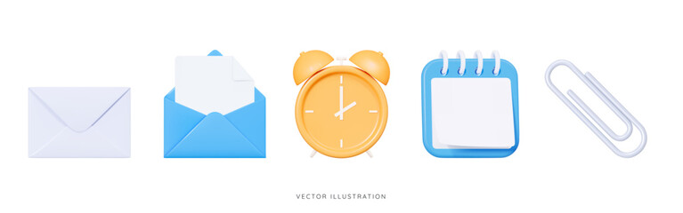 3D Cartoon office set emoji icons. Blue envelope, calendar and note, yellow alarm clock and grey clip. Business and education concept. School objects. Work collection elements. 3D Vector Illustration