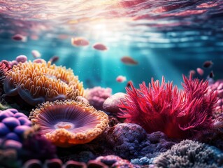 Coral reef with a vibrant array of marine life, photographed in crystalclear water, Underwater, Colorful, High Detail