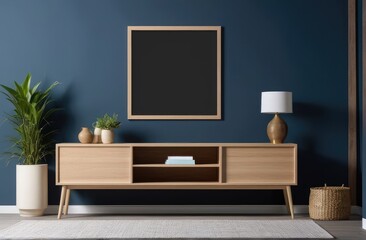Mockup frame on cabinet in living room interior on empty dark blue wall background