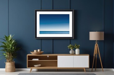 Mockup frame on cabinet in living room interior on empty dark blue wall background