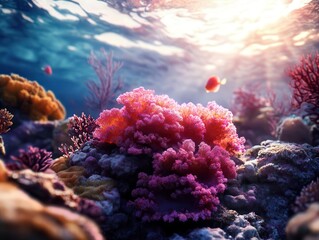Fototapeta premium Coral reef with a vibrant array of marine life, photographed in crystalclear water, Underwater, Colorful, High Detail