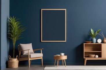 Mockup frame on cabinet in living room interior on empty dark blue wall background