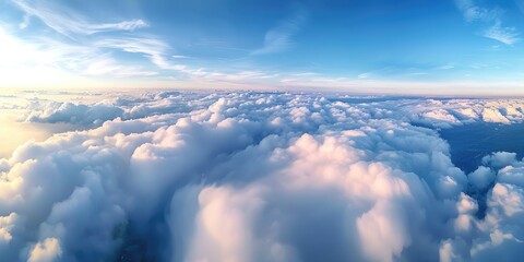 Fototapeta premium Awe inspiring aerial perspective of vast land and sky captured from a height of a thousand feet amidst billowing white clouds Smartphone photo